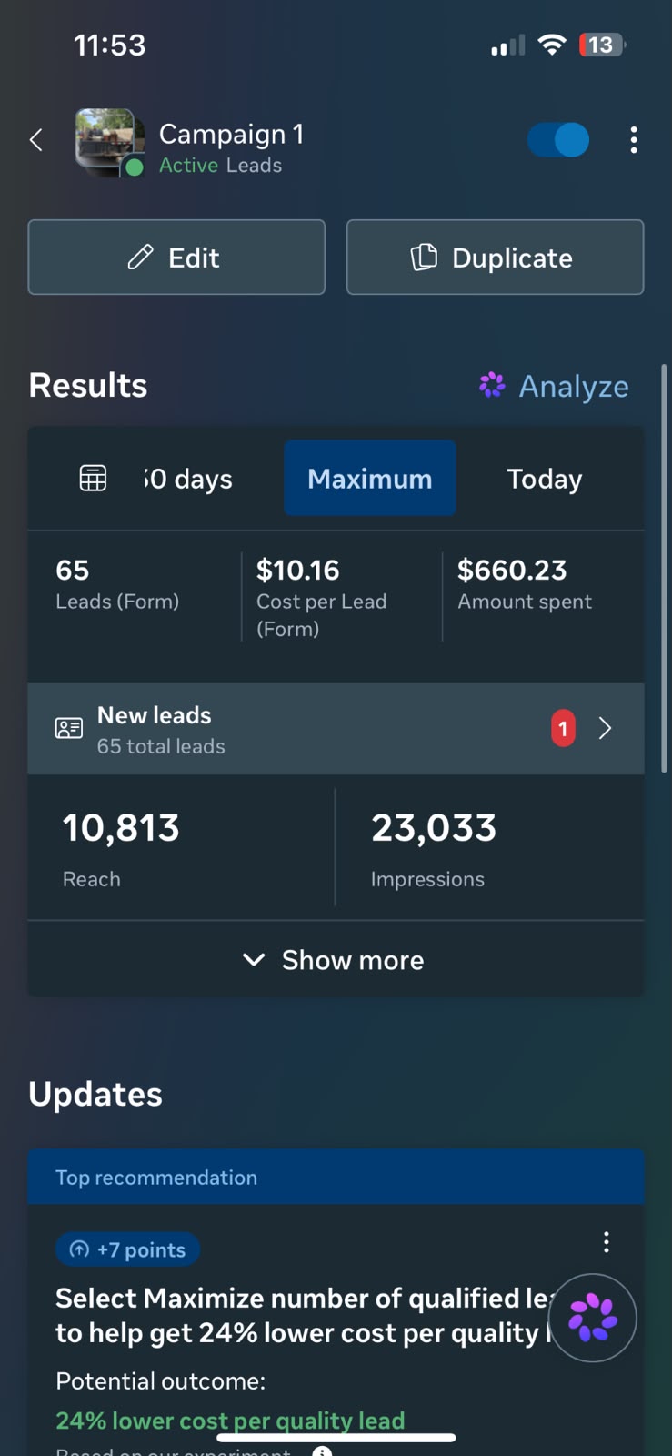 Facebook Ads campaign results — 65 leads