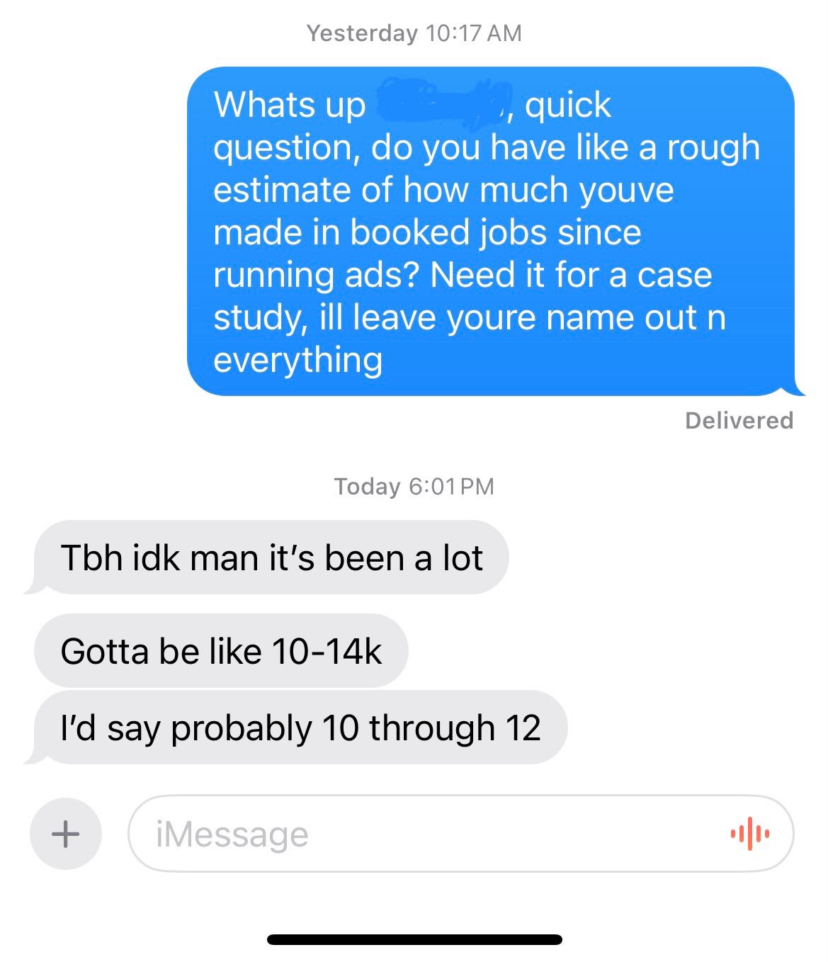 Client confirming $10–14k in booked jobs